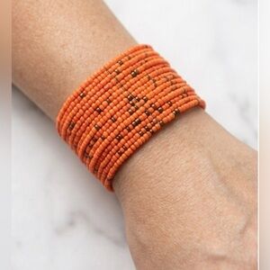 Vintage handmade, wide, orange seed bead cuff bracelet. Art Deco/ bohemian